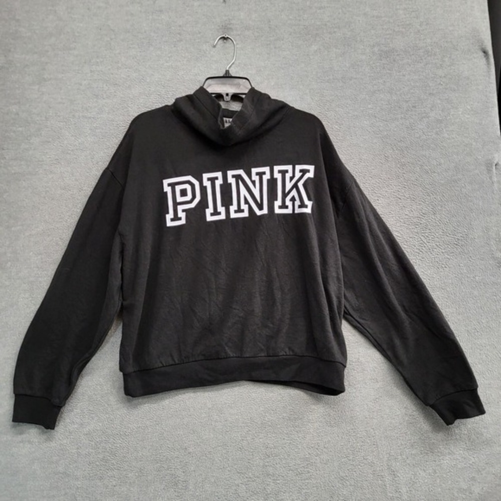 PINK Victoria's Secret Women Sweatshirt Medium‎ Black Logo Cowl Neck Fleece